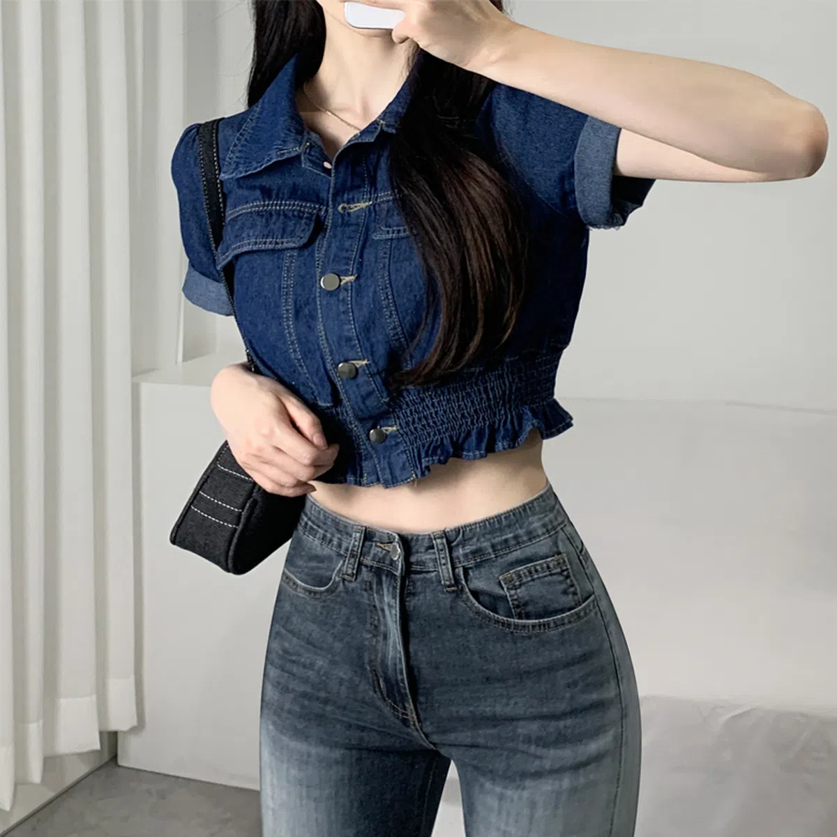 (Y2K/허리쏙) 코르셋 크롭 숏 데님 블라우스 2COLOR