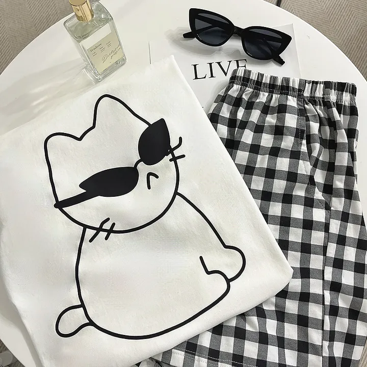 🖤[당일출고/남녀공용]🖤 고양이 캣 잠옷 파자마 상하세트 체크바지 빅사이즈 박시핏 루즈핏 오버핏 박시티 반팔 티 티셔츠 여름 면티 커플티 커플룩 커플티셔츠 커플잠옷 순면