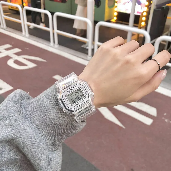 남녀공용시계 디지털 손목 스포츠 여자 우레탄 전자 클리어 투명