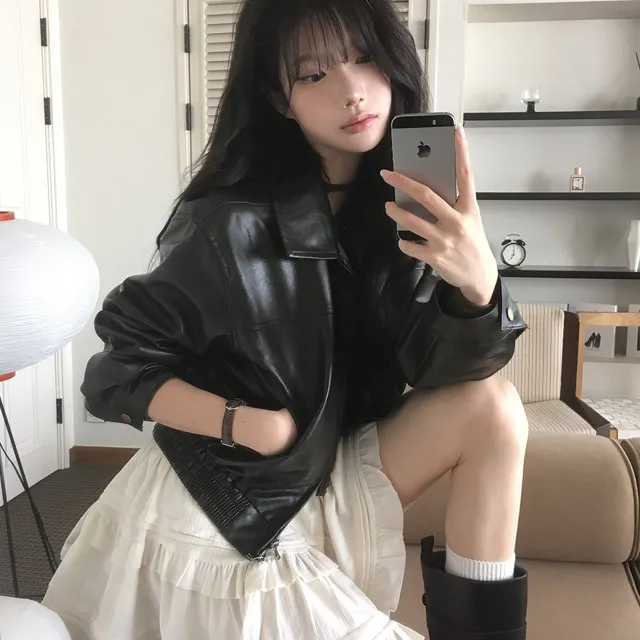 투엔 투웨이 집업 카라 레더 자켓 - 2color