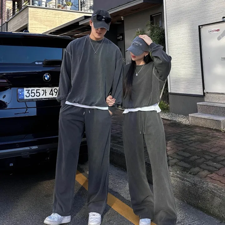 크롭~4XL/ 피그먼트 맨투맨 커플 트레이닝 세트 크롭 오버핏 남녀공용 팬츠 긴바지 겨울 봄 가을 커플룩 커플 시밀러룩 꾸안꾸 투피스 셋업 스트릿 남자 코디 데이트 빅사이즈 코마