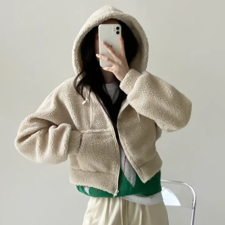 [국내생산/휘뚜루 마뚜루템!]뽀글이 덤블 크롭 후드 집업(3color) 핑크래빗