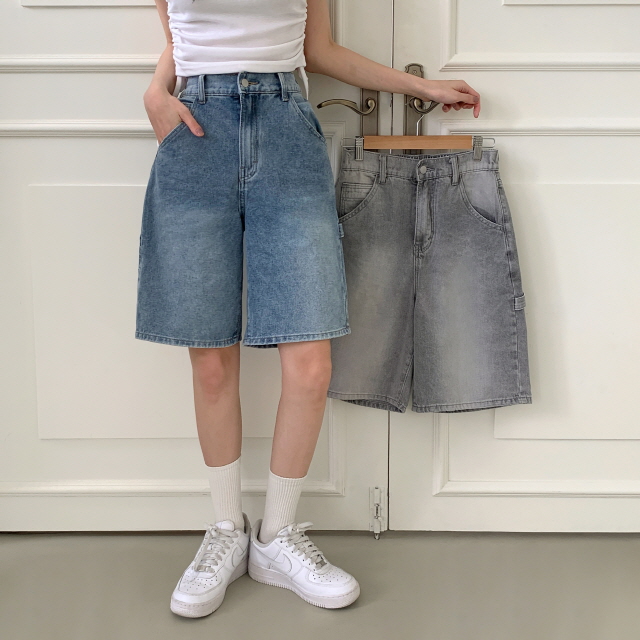 [2단기장/~2XL/뒷밴딩] 릴프 힙 워싱 와이드 카고 하프 버뮤다 여름 5부 청 반바지 데님 팬츠