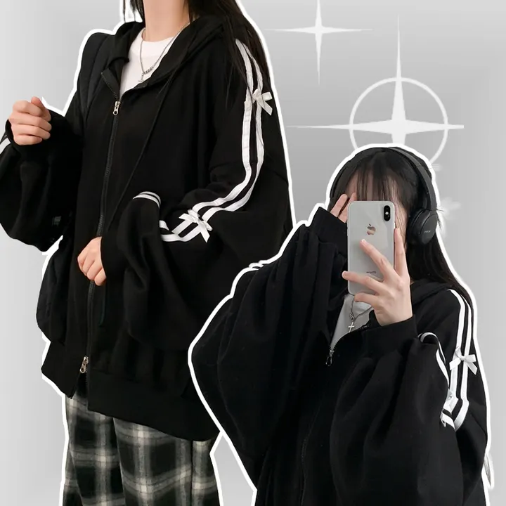 리본두줄 오버핏 후드집업