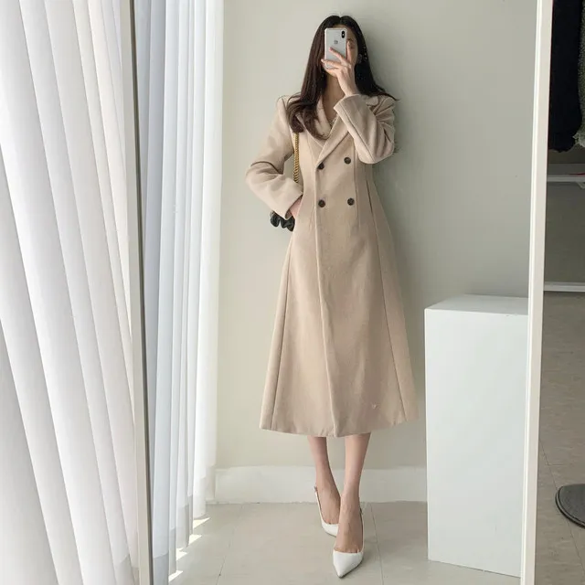 A라인 슬림 롱 플레어 더블 버튼 울코트 블랙 베이지