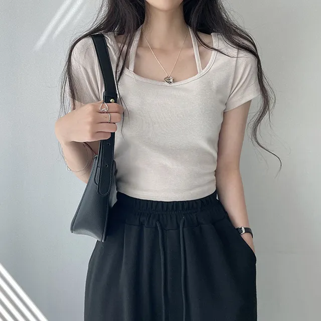 [러블리!] 홀터 스퀘어넥 반팔 크롭 티