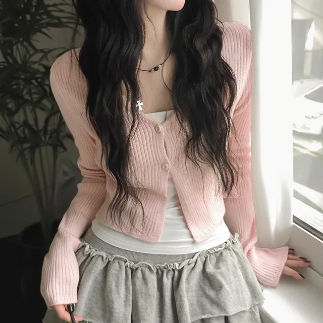 [핏보장/포근색감🖤] 밤비 크롭 투버튼 봄가을 기본 데일리 베이직 브이넥 긴팔 가디건 6color