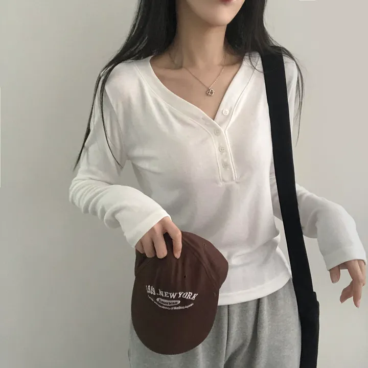 🚚당일출고🚚[원단최고/사계절] 도톰 찰랑 부드러운 브이넥 버튼 단추 긴팔 이너티셔츠