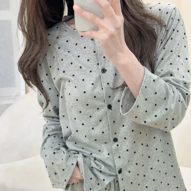도트 멜로우 라운드넥 잠옷 봄 투피스 면 파자마 세트 데일리 가을 모던 땡땡이 홈웨어