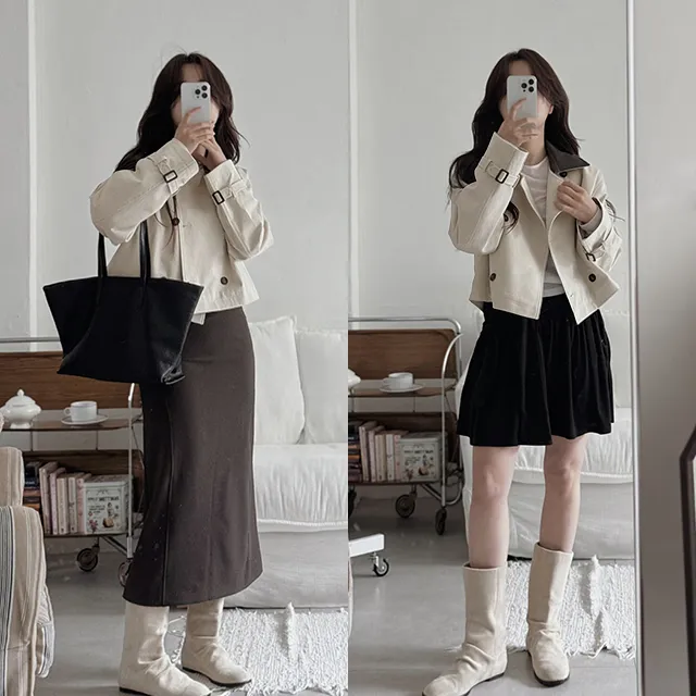 [🤎레더배색/문의폭주!] 리마인 레더카라 숏트렌치코트 - one color (SLOWMADE/자체제작/코튼/숏코트/봄아우터/이너포켓/더블버튼)
