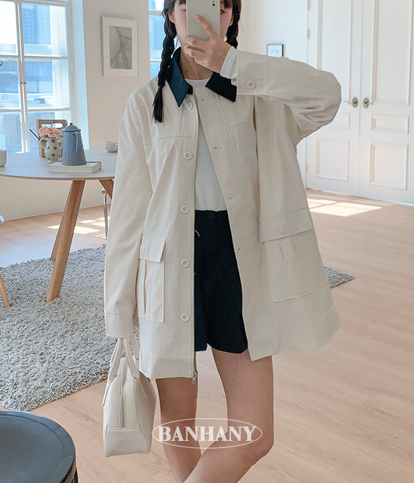 아나히❤️클래식 배색 카라 단추 지퍼 더블 포켓 여성 트렌치 자켓 3color