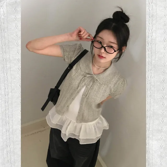 [모델소장/러블리💛] 펀칭 아일렛 레이어드 카라 반팔 니트