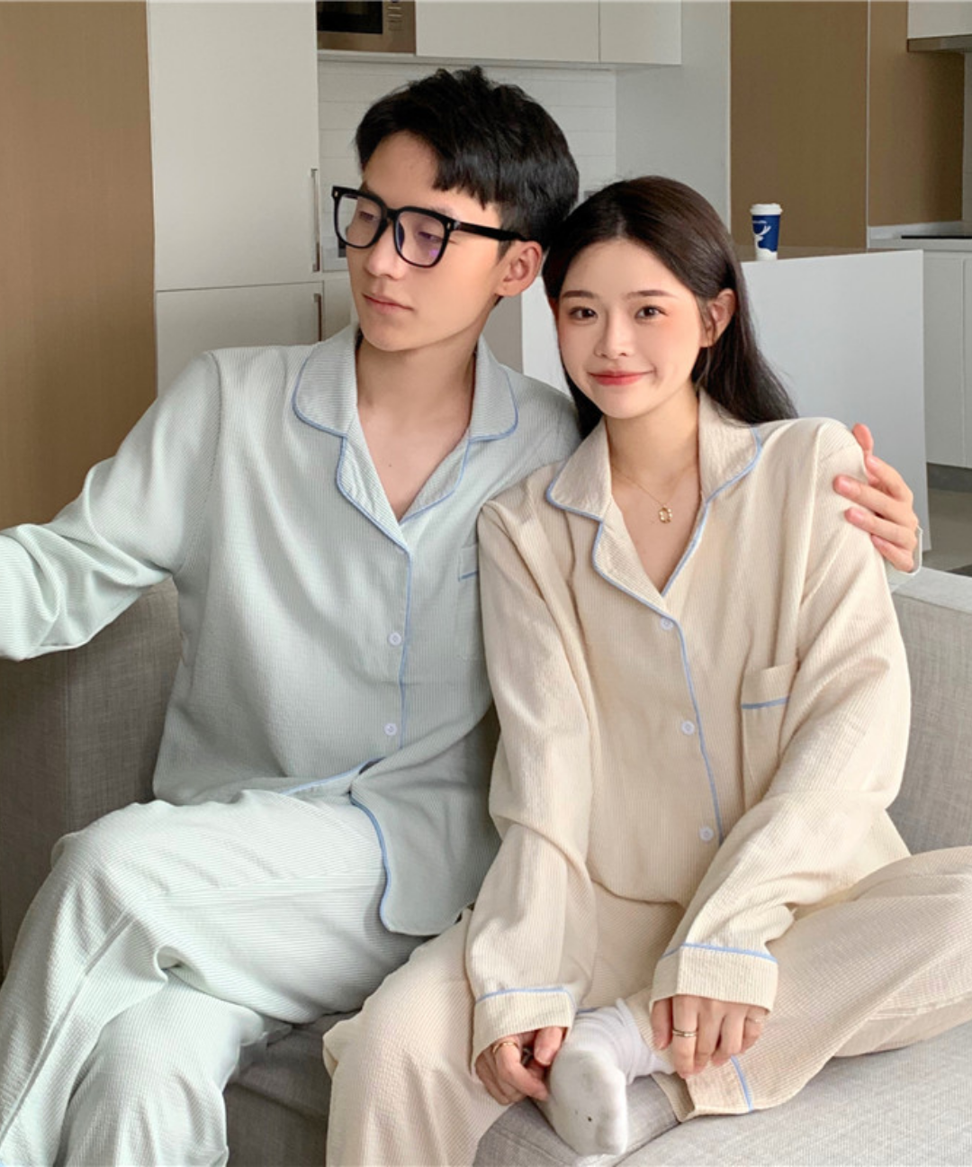 [직진배송] 2color 커플 잠옷 스트라이프 모던 카라 긴팔 봄 가을 홈웨어 파자마 세트