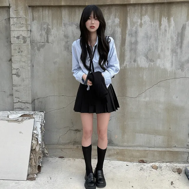 [당일출고/세트/단독구매가능] 레이어드 루즈핏 넥타이 셔츠 + 플리츠 미니 뒷밴딩 스커트