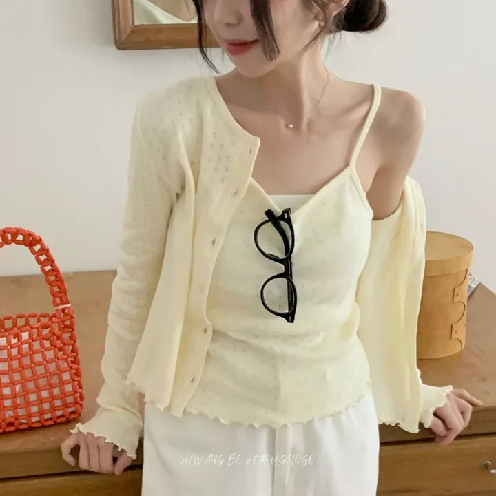 [레이어드/set] 엘린 펀칭 니트 나시 가디건 세트 / 봄 여름 레이어드 프릴 크롭