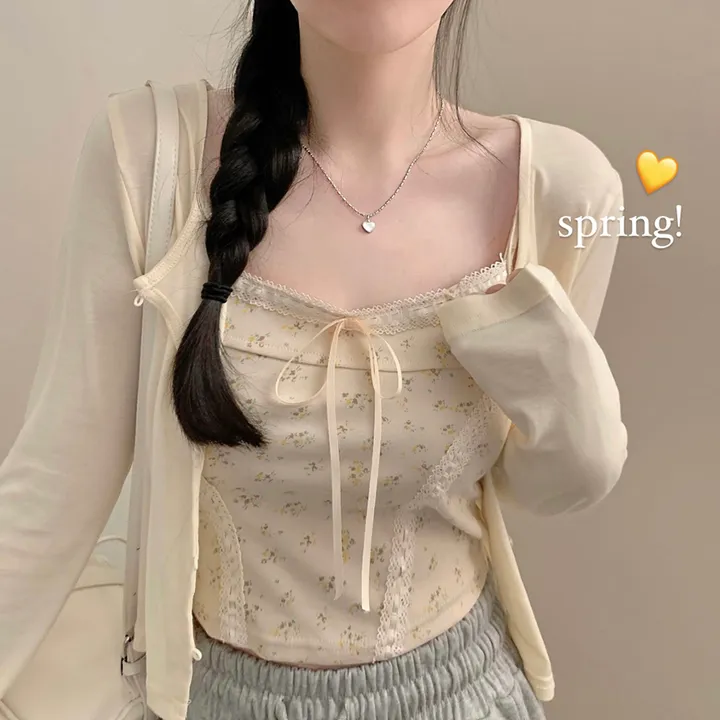 (나시가디건set) 프리지아 잔꽃 레이스 끈나시 콩단추 가디건 세트 봄옷 벚꽃 긴팔  발레코어 레이어드 모리걸 (2color)