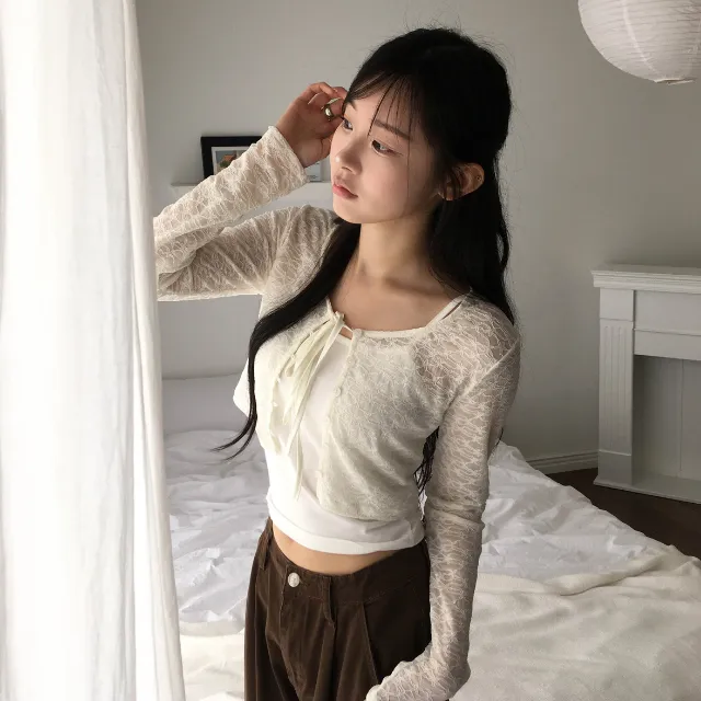 [여름까지🤍] 레이스 시스루 빈티지 리본 레이어드 크롭 가디건