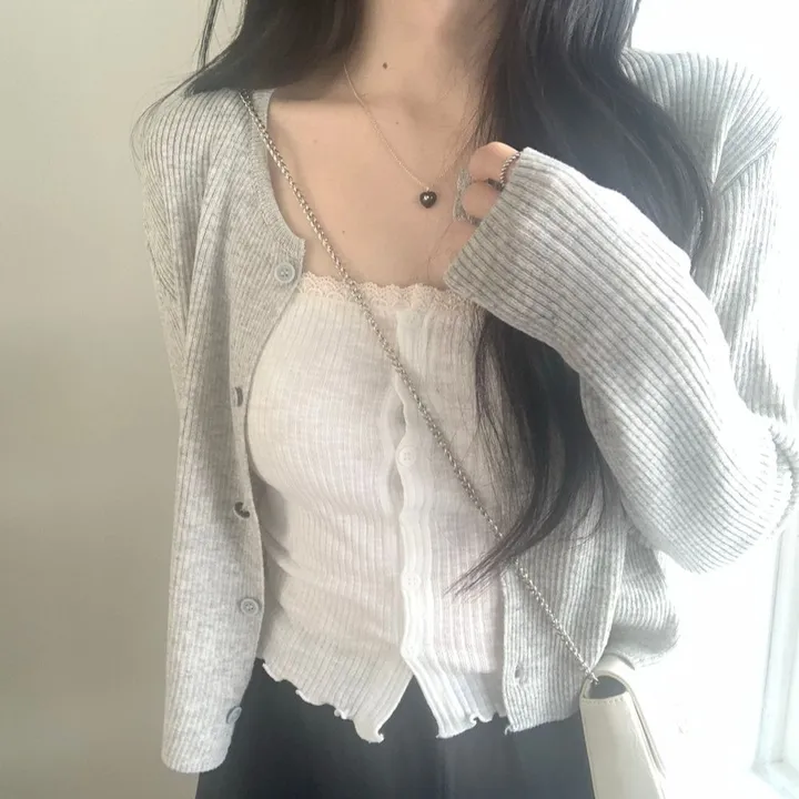 레이 여름 린넨 골지 크롭 라운드 긴팔 가디건 (9color) [ 봄 여름 살안타템 데일리룩 기본 베이직 ]