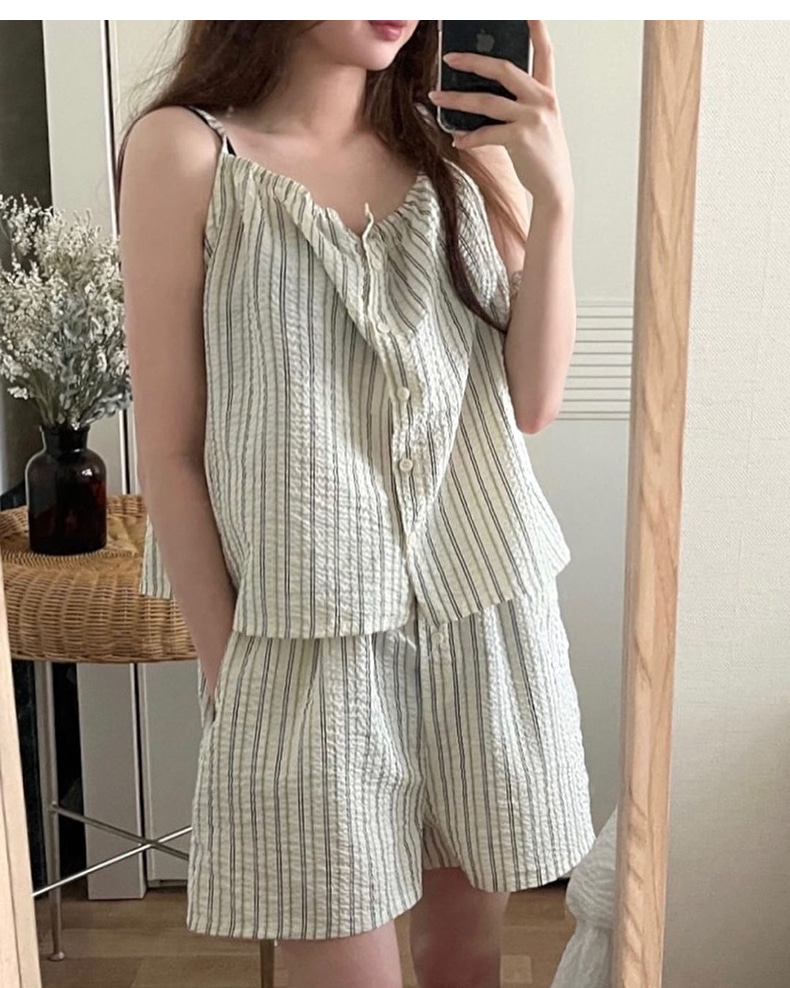 [~4XL] SET 린넨 스트라이프 통기성 얇은 나시 반바지 홈웨어 세트
