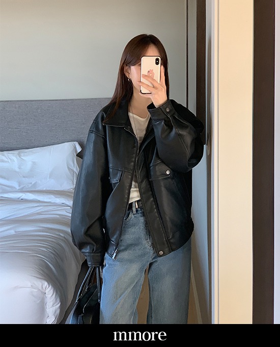 [mmore] 절개 가먼트 워싱 오버핏 레더 자켓