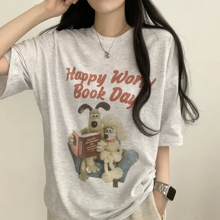 [꾸안꾸/집앞마실룩으로도!] 오버핏 라운드 리딩북 여름 반팔 티셔츠 캐릭터 프린팅 봄 반팔티 2color