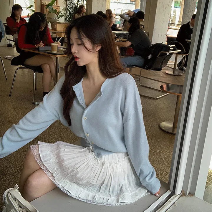 [만능코디🌷9COL] 라운드넥 니트 숏 가디건 버튼 단추 아방핏 기본 베이직 봄 간절기 긴팔 아우터 데일리룩 꾸안꾸 데이트룩