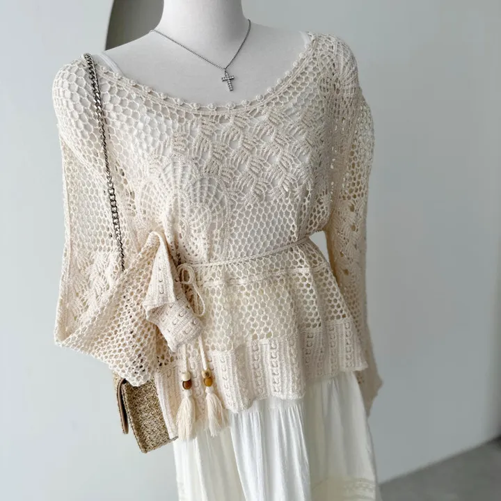 1color 보헤르 여자 보트넥 그물니트 롱스커트 여름 휴가룩 쓰리피스