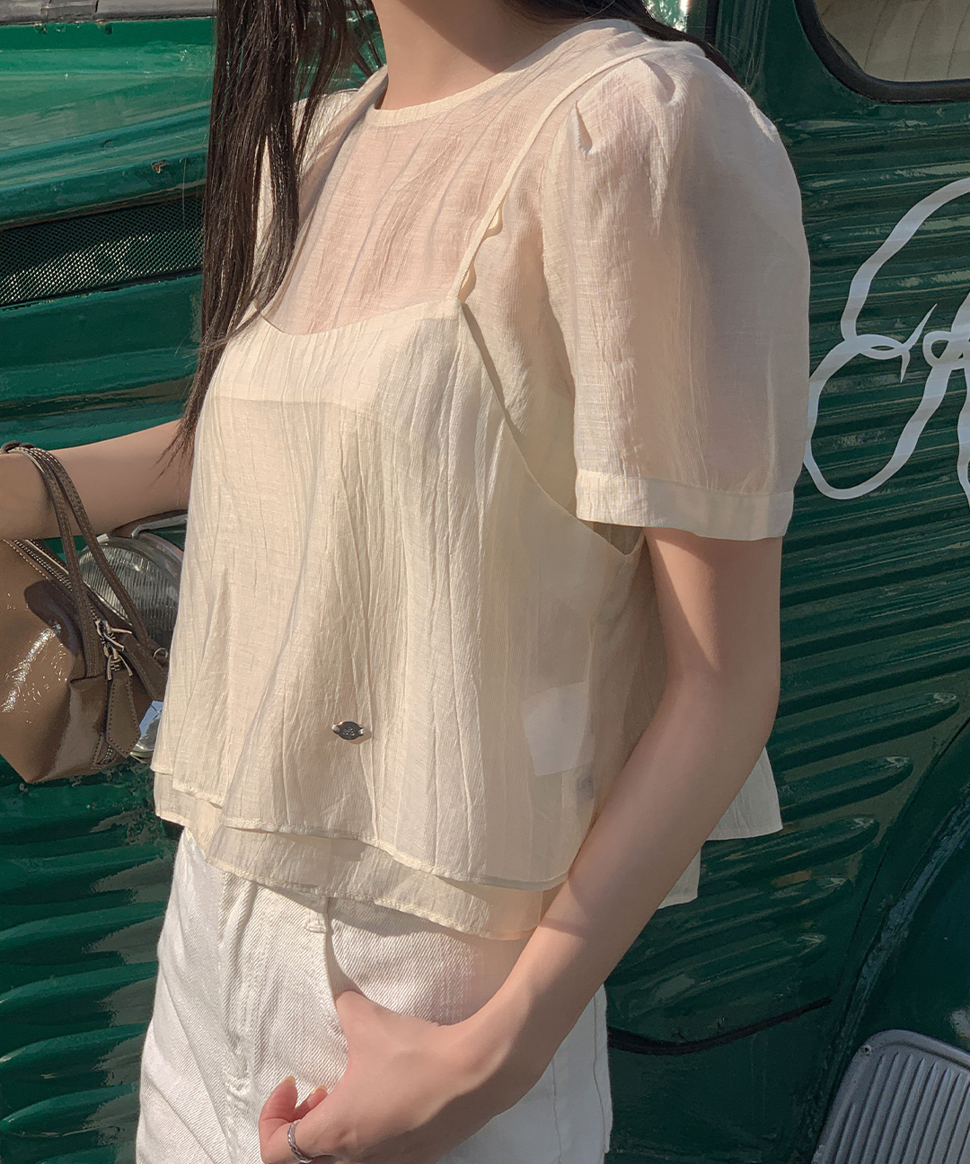 [자체제작/S-L/하객룩🖤]#여름💙 시루아 레이어드 뷔스티에 블라우스 세트 (하객룩/데이트룩/여름뷔스티에/반팔블라우스/레이어드/여름블라우스/쉬어블라우스/오간자블라우스)