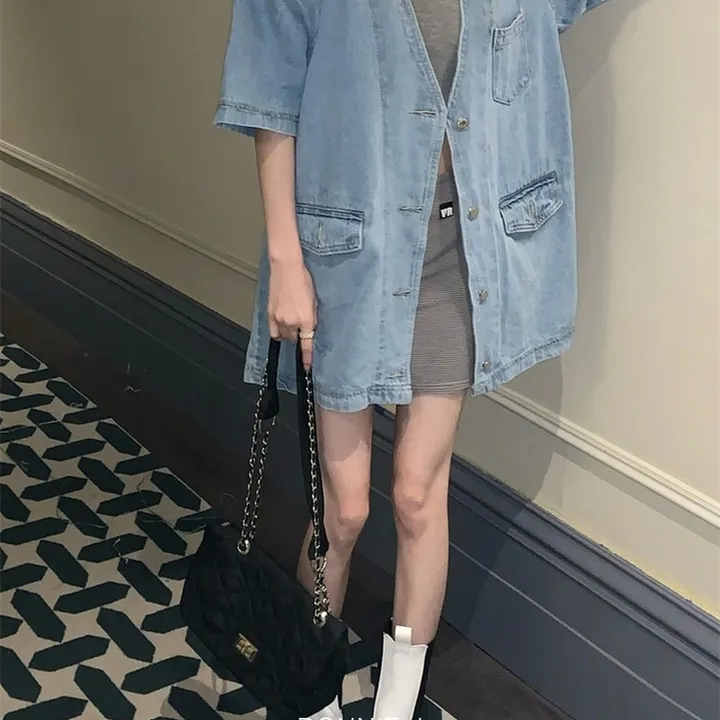 BONNIE J 라운드 빅사이즈 오버핏 반팔 라운드 박시 청자켓 데님자켓 노카라