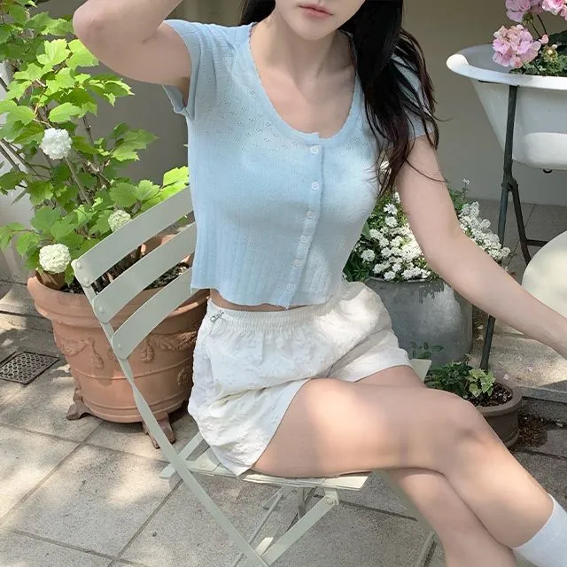 [퀄리티보장/프릴디테일]프릴 유넥 펀칭 니트 얇은 반팔 크롭 가디건 슬림 티셔츠
