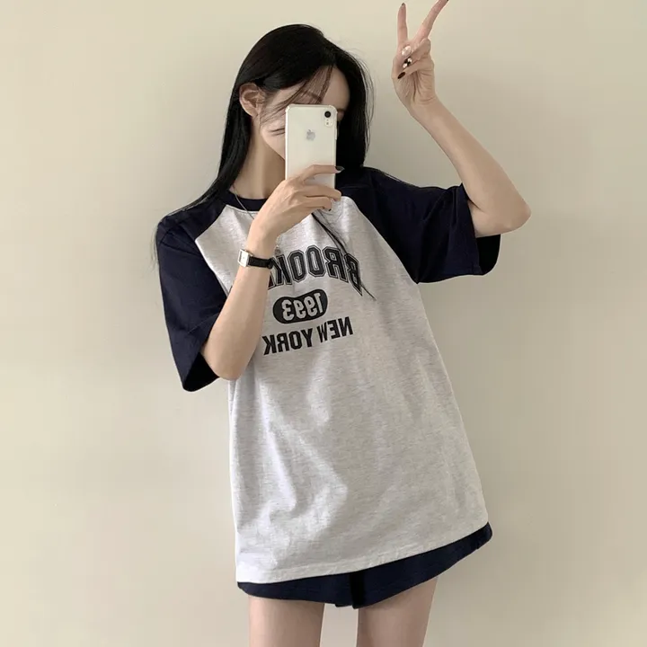 [캐주얼/오버핏] 귀여움 듬뿍! 배색 나그랑 레터링 박시 반팔티셔츠 (4color)