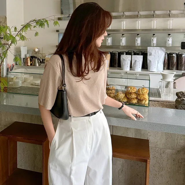 골지 라운드넥 반팔 티셔츠 스판 무지 여성 빅사이즈