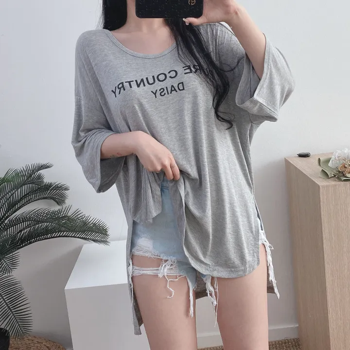 [주문뽁쭈!] 찰랑 촉감 3color 오프숄더 여리여리 7부 레터링 유넥 반팔 루즈핏티셔츠