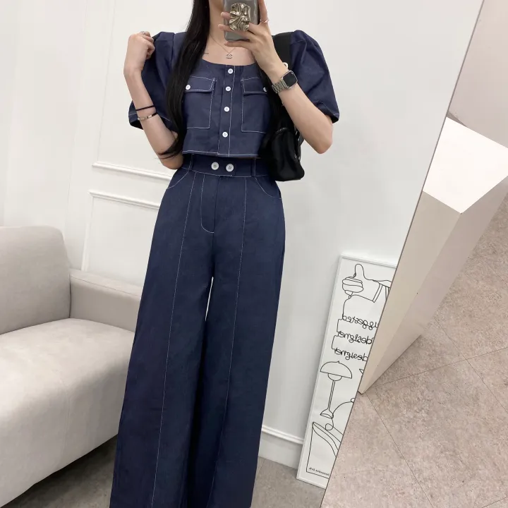 [SET!]데님 스티치 스퀘어넥 크롭 퍼프 자켓 롱 와이드 팬츠 투피스 세트 1color