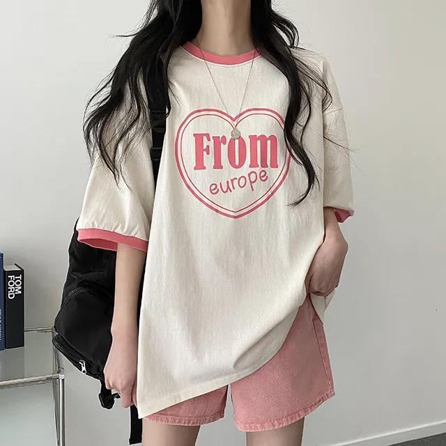 [색감이쁜!] 오버핏 배색 프롬 레터링 반팔 티셔츠 2color