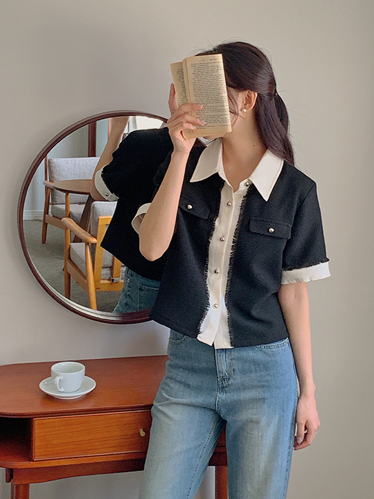 베르텐드 트위드 배색 반팔 자켓(신상/봄/여름/여름자켓/하객룩/출근룩/데일리룩/빅사이즈/120사이즈/자체제작/은장단추/세미크롭/스탠다드/카라자켓 )